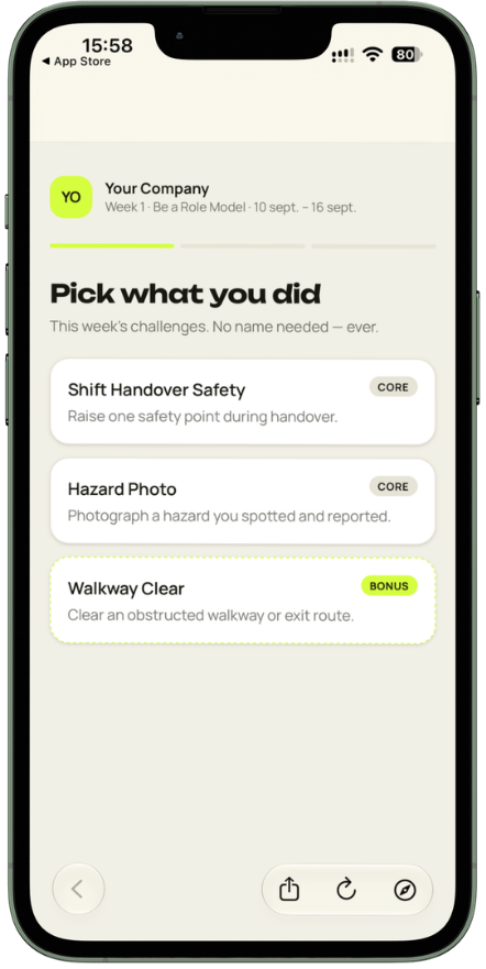 Worker app screen listing this week's safety challenges to log, including Shift Handover Safety and Hazard Photo.