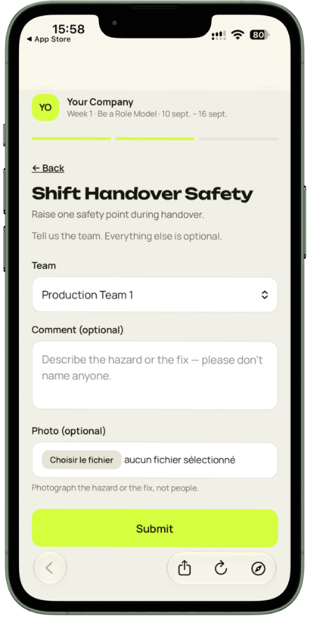 Worker app screen for logging a challenge: pick a team, add an optional comment and photo, then submit.